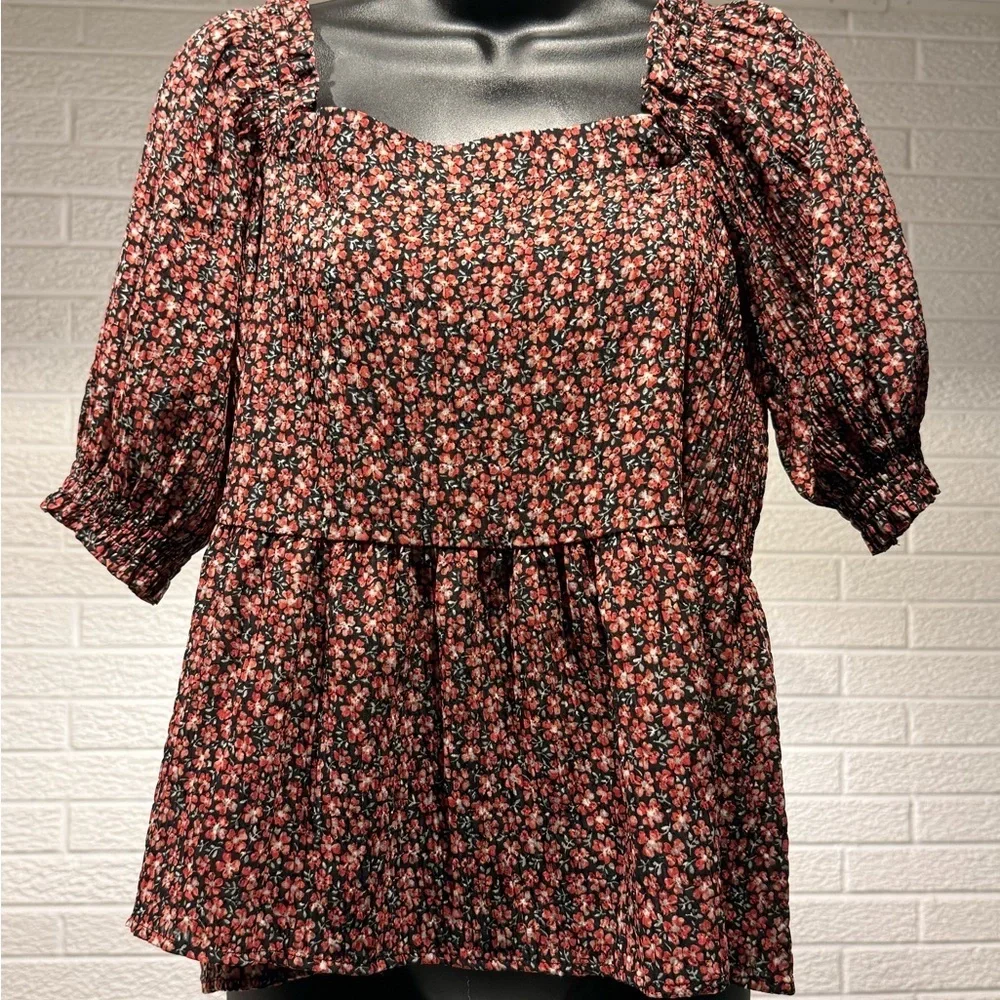 LOFT Black and Red Puff Sleeve Blouse